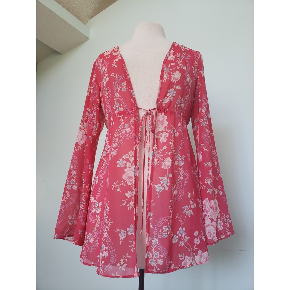 VTG Victoria's Secret Women's XS S Robe Top‎ Flare Sleeve Red Floral Coverup Y2K